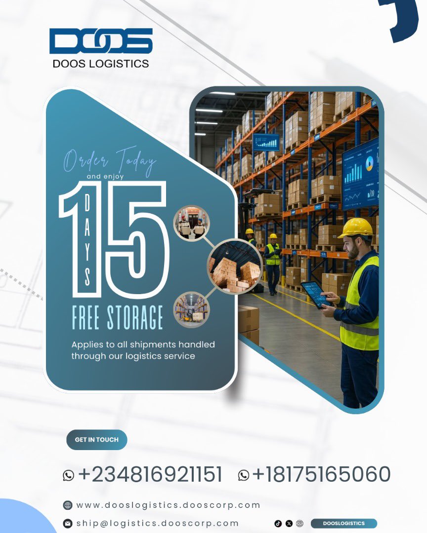DoosLogistics's tweet image. Why pay for storage when you can get 15 days FREE? 😉
Ship with Doos Logistics today.
#LogisticsMadeEasy #DoosLogistics