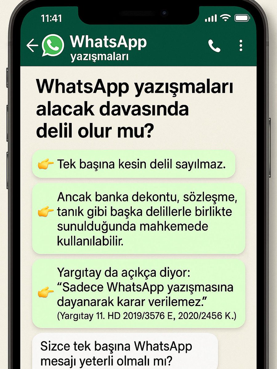 📱 WhatsApp yazışmaları alacak davasında delil olur mu?

❌ Tek başına yeterli değil.
✅ Ama banka dekontu, sözleşme, tanık gibi delillerle desteklenirse kullanılabilir.

(Yargıtay 11. HD 2019/3576 E., 2020/2456 K.)

#hukuk #yargıtay