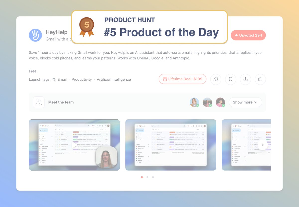 tryHeyHelp's tweet image. 🚀 We did it: HeyHelp ranked #5 on Product Hunt!

Earlier this week, we launched publicly, and the support blew us away.

Thanks to everyone who upvoted, commented, left a review, or shared feedback. You made this possible!