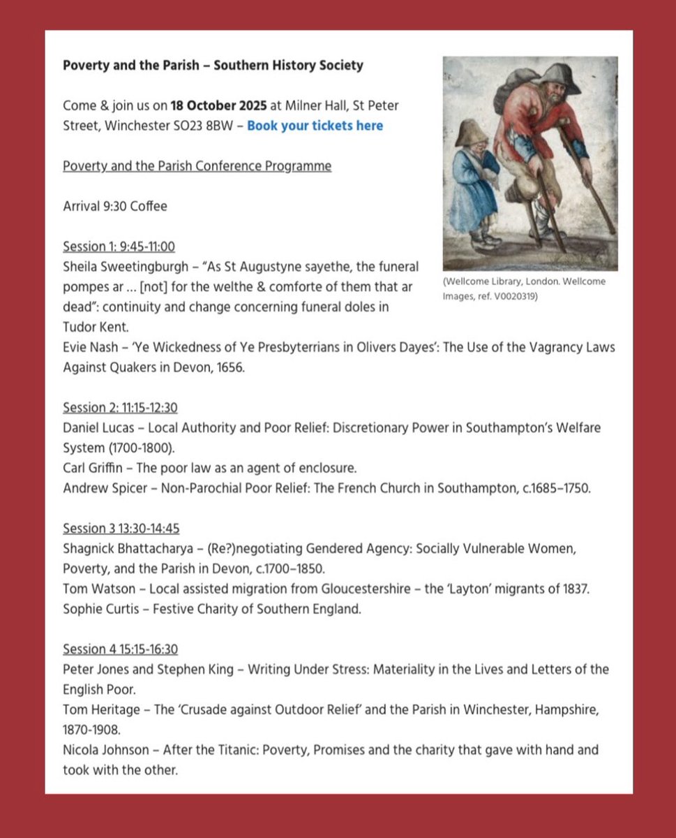 Poverty and the Parish - Southern History Society Conference 

18 October 2025

Milner Hall, St Peter Street, Winchester, SO23 8BW

Booking now!!
southernhistorysociety.org.uk/newsandevents/…