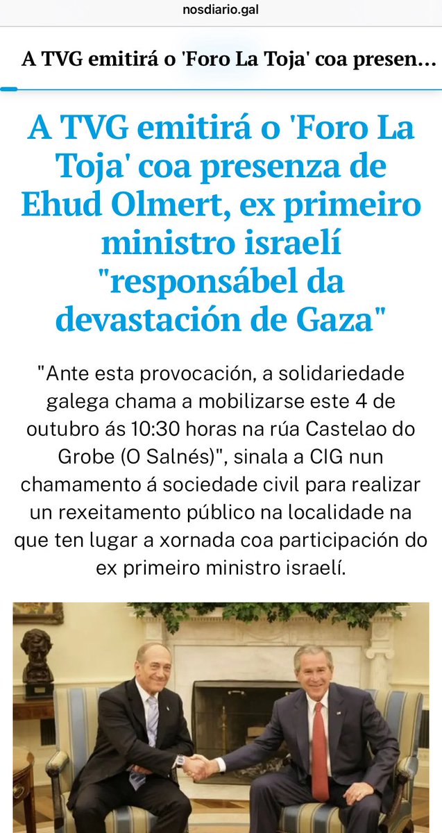 El PP gallego “ promocionará ” mediante la television pública el genocidio palestino.

La Televisión de Galicia (TVG) emitirá íntegramente el “ Foro La Toja” del 2 al 4 de octubre de 2025, acto financiado por la Hasbara  que contará con la presencia de Ehud Olmert, ex primer