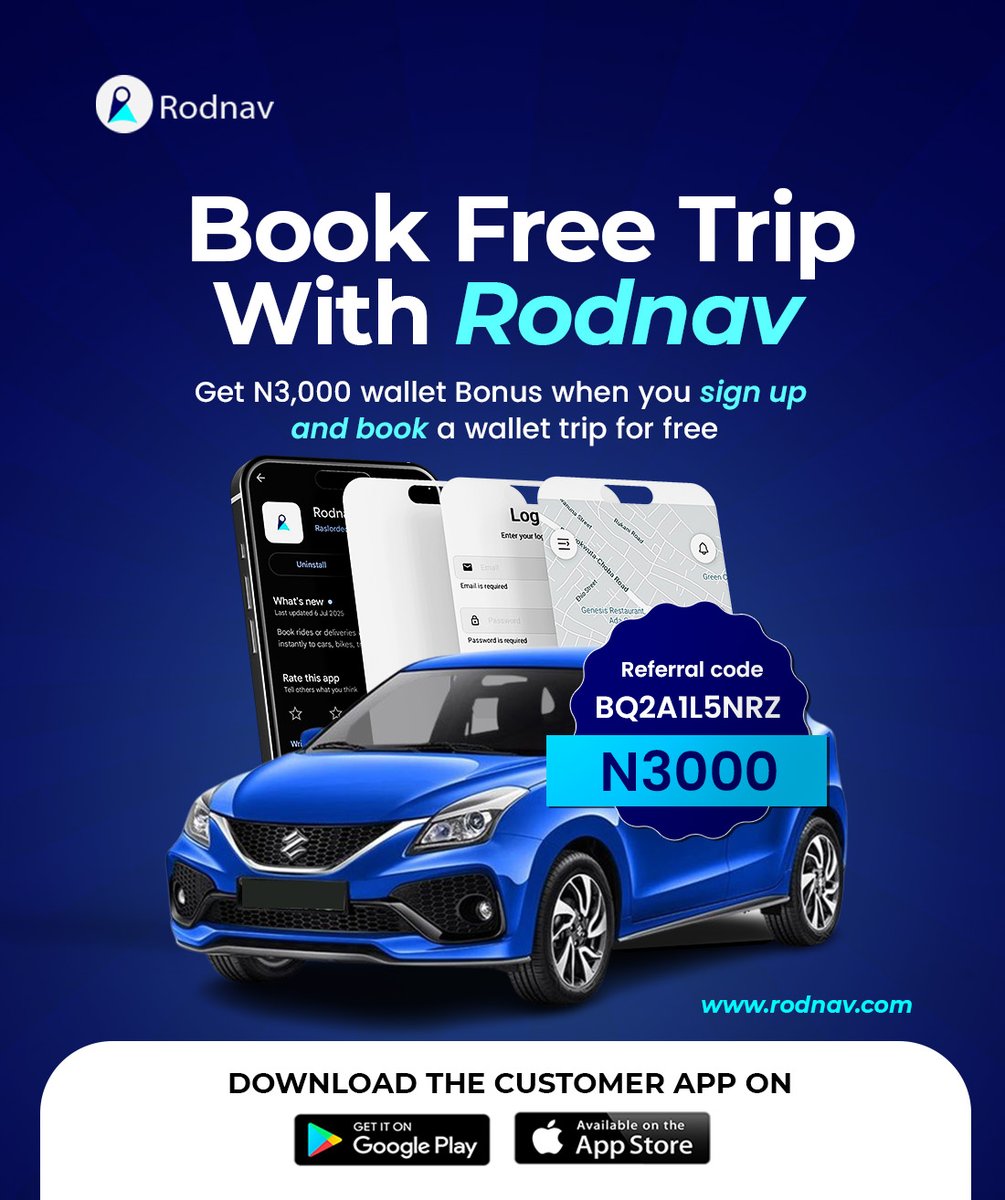 rodnavapp's tweet image. Ride for FREE with Rodnav!
Sign up today and get ₦3,000 wallet bonus 💳.
Book your first trip with your wallet and enjoy the ride on us! 🎉

Download the Rodnav App on Google Play &amp;amp; App Store.
Referral Code: BQ2AlL5NRZ
#Rodnav #FreeTrip #RideEasy #SmartLogistics #RodnavMoves