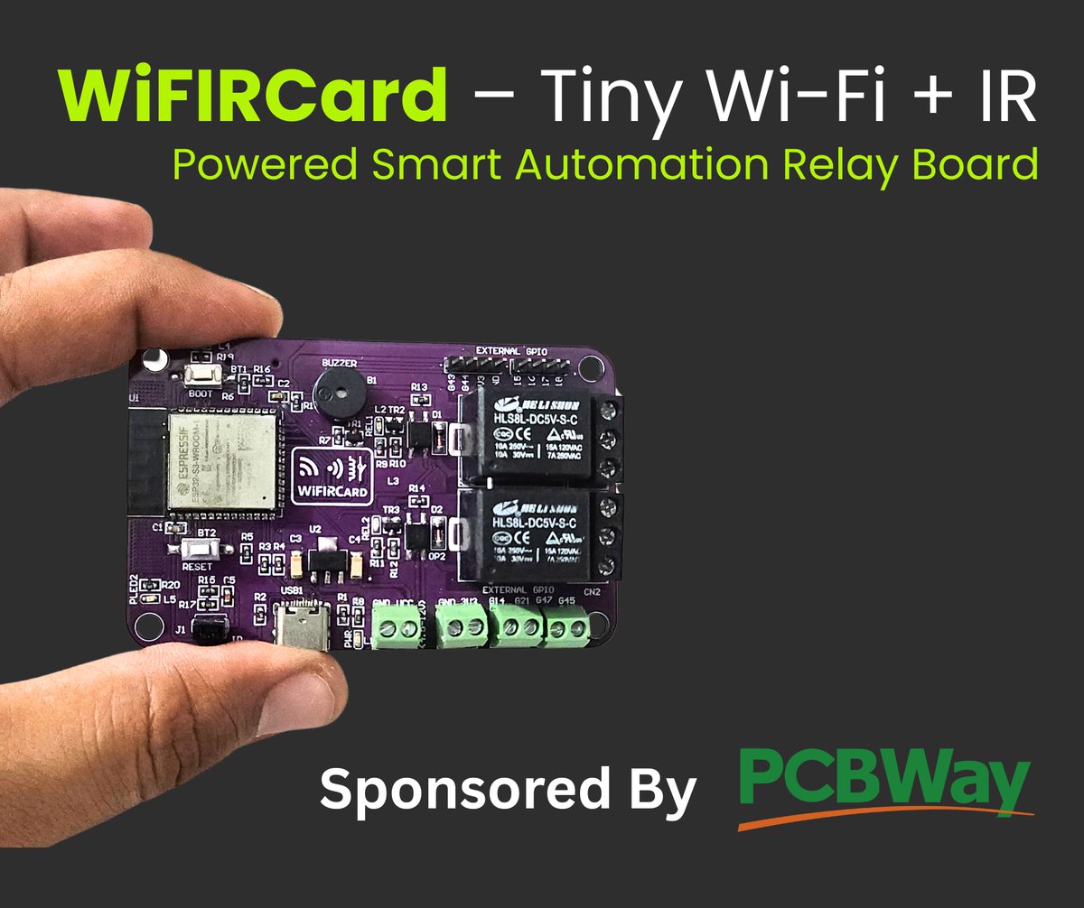 21 days to go on our 𝐖𝐢𝐅𝐈𝐑𝐂𝐚𝐫𝐝 – 𝐓𝐢𝐧𝐲 𝐖𝐢-𝐅𝐢 + 𝐈𝐑 𝐏𝐨𝐰𝐞𝐫𝐞𝐝 𝐒𝐦𝐚𝐫𝐭 𝐑𝐞𝐥𝐚𝐲 𝐁𝐨𝐚𝐫𝐝 Campaign!

Big thanks to our sponsor <a href="/PCBWayOfficial/">PCBWay</a> for powering innovation with top-notch PCB prototyping &amp; assembly services 

Visit - bit.ly/42uRPBI