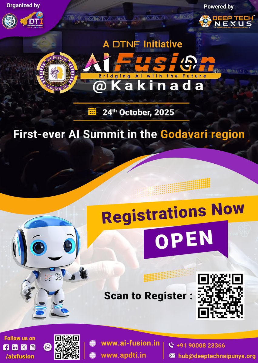 🎯 Registrations OPEN!

Join us at #AIFusion @ Kakinada – the first-ever AI Summit in the #Godavari region on 24 Oct 2025.

👉 Explore #AgenticAI #GenAI #EmbodiedAI #CrossSectoralAI &amp; more!

✨24 Oct 2025 | #Kakinada, AP
Register at: ai-fusion.in/register

#AISummit #TechSummit