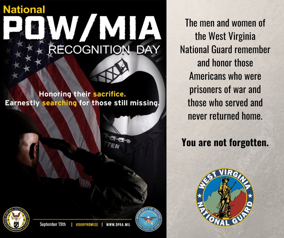 WV National Guard (@wvnationalguard) on Twitter photo Today marks the annual observance of POW/MIA Recognition Day. This solemn day reminds us of those who served as POWs or who are listed as MIA & have never returned to U.S. soil. #POWMIA #Warfighters #YouAreNotForgotten #OneGuard #PressOn <a href="/jimdseward/">Jim D. Seward</a> <a href="/wvgovernor/">Governor Patrick Morrisey</a> Today marks the annual observance of POW/MIA Recognition Day. This solemn day reminds us of those who served as POWs or who are listed as MIA & have never returned to U.S. soil. #POWMIA #Warfighters #YouAreNotForgotten #OneGuard #PressOn <a href="/jimdseward/">Jim D. Seward</a> <a href="/wvgovernor/">Governor Patrick Morrisey</a>