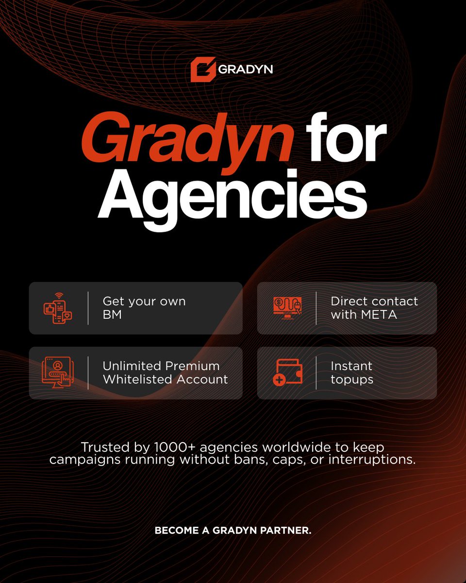 Most agencies rent accounts.
Some agencies fight bans every week.
The best agencies? They partner with Gradyn.

Why?
– Real BMs under their own name
– Unlimited whitelisted accounts
– Direct META pipelines
– Instant top-ups

That’s how 1000+ agencies stay live.