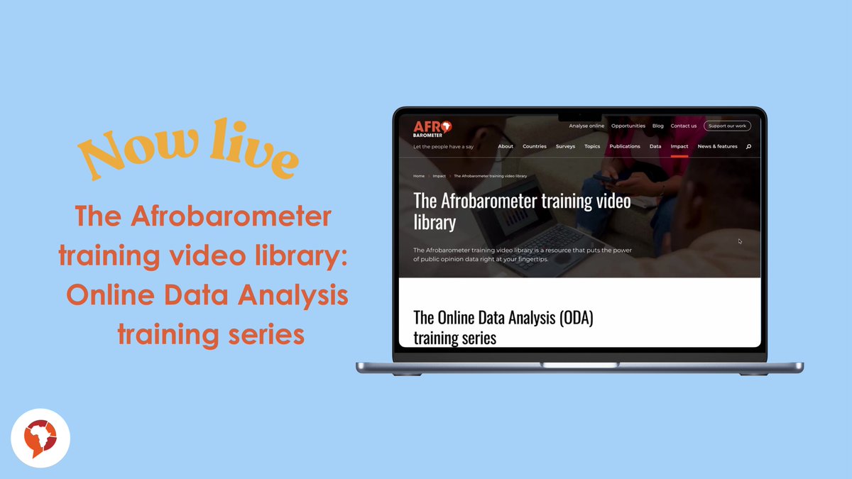 afrobarometer's tweet image. We believe that access to data should not be limited to a few experts.

That’s why we’ve launched the Afrobarometer training video library, a free resource that makes it easy for students, journalists, policymakers, researchers, and citizens to explore and analyse public opinion…