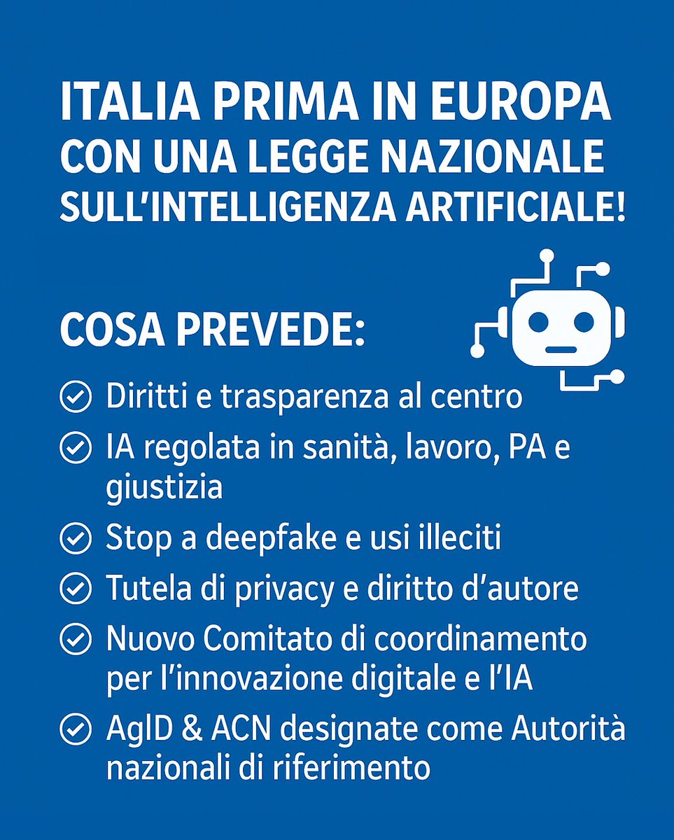 Il Senato ha dato il via libera al provvedimento quadro che definisce principi, regole e tutele per lo sviluppo e l’uso dell’IA. L’Italia diventa il primo Paese UE con una cornice normativa nazionale allineata all’AI Act.
#IntelligenzaArtificiale #Innovazione #ItaliaDigitale