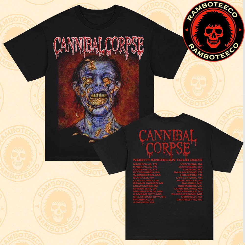 ramboteeco's tweet photo. Wear the gore with pride! Cannibal Corpse North American Tour 2025 merch — two-sided tees featuring skull, face-rot, maggot &amp; more.
👉https://t.co/pMMjNjlGot
👉https://t.co/hzDzXGS6PA
👉https://t.co/TxKQQch5mZ
👉https://t.co/UyrEUa8xrW
#CannibalCorpse https://t.co/r6o7z8H1co