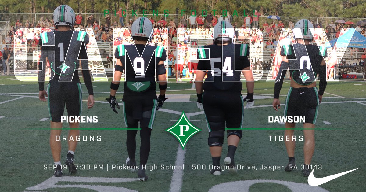 GAMEDAY!
PICKENS VS. DAWSON | TONIGHT | 7:30 PM

Pickens will host the Dawson Tigers tonight at Pickens High School! Come out and support the Dragons! Kickoff is set for 7:30. #AIATT