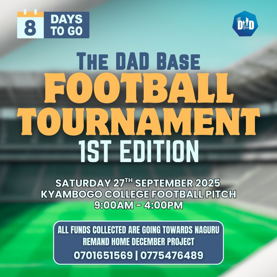 thedadbase's tweet photo. ⏰ 8 DAYS TO GO!
The DAD Base Football Tournament: 1st Edition ⚽

Not just a game, but a Godly mission; bringing hope &amp; Christ’s love to the boys at Naguru Remand Home. 

Sept 27 | Kyambogo College | 9AM-4PM

#TheDadBase #FootballForHope #TheWisdomAxe https://t.co/prjosj6z6g