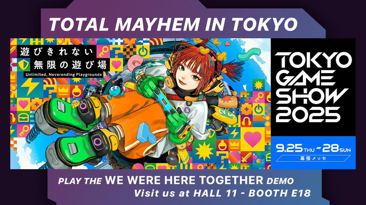 We are going to Tokyo Game Show 2025 next week! 🎮

For our Japan-based fans out there or for new players who'd like to try out one of our co-op puzzle games; you can find us at Hall 11 - Booth E18! Play the We Were Here Together demo on Nintendo Switch, or have a chat with one
