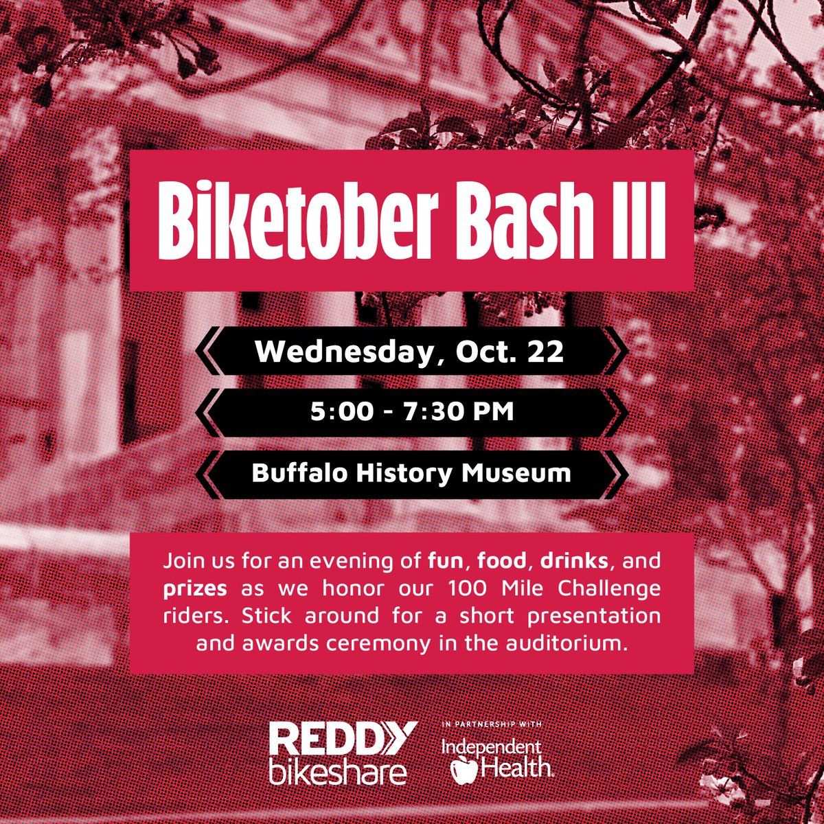 Next month is our 3rd Annual Biketober Bash, celebrating the Western New Yorkers who pedaled the most this Spring &amp; Summer, &amp; 10 years of Reddy Bikeshare. 1st wave of invites have been sent to folks logging 100 or more miles this year--our 100 Mile Challenge.