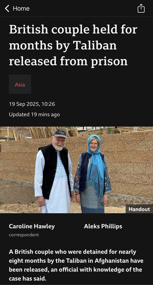 After almost 8 months in an Afghan prison, held on unknown charges, 80 year old Peter and 76 year old Barbie Reynolds have been freed by the Taliban.