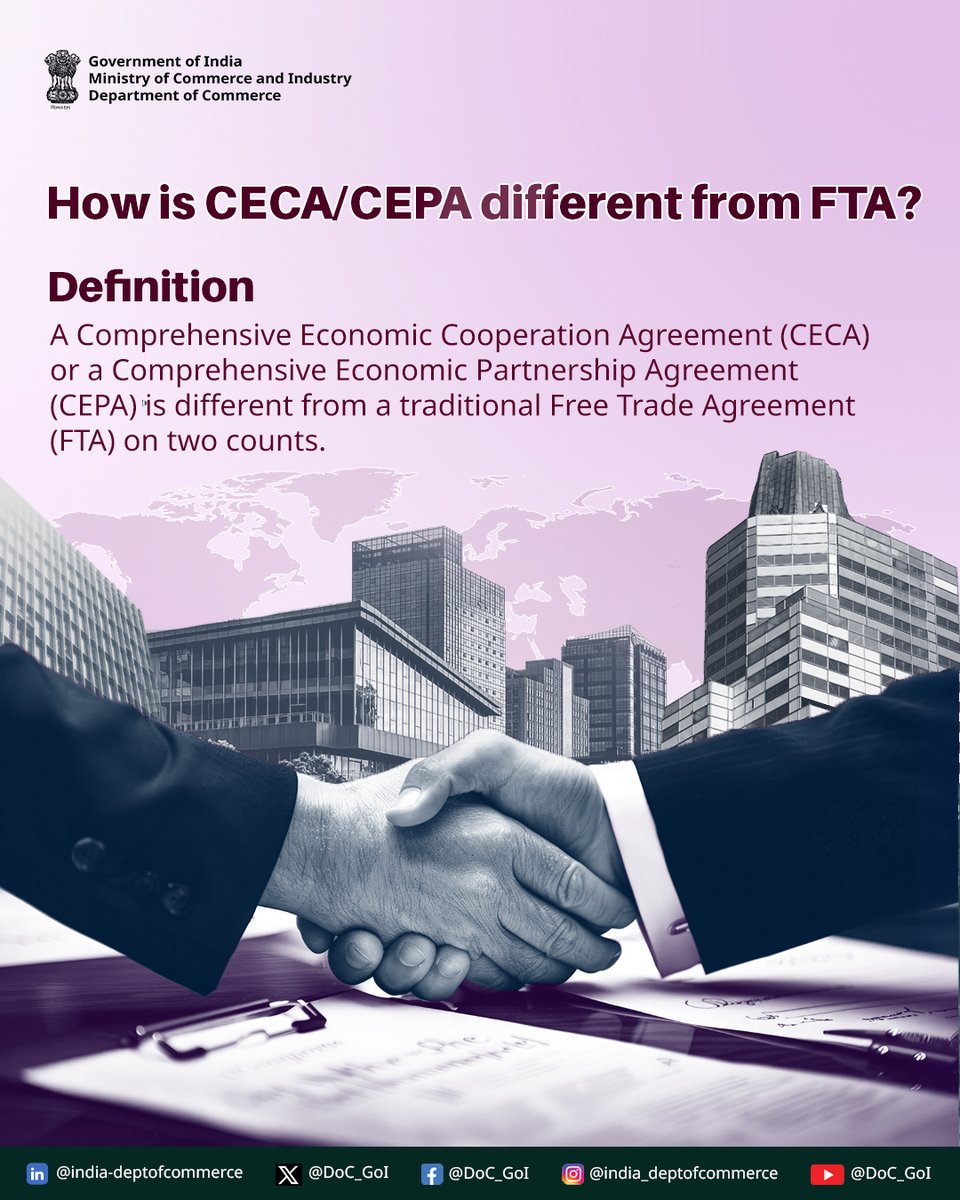 DoC_GoI's tweet image. How is CECA/CEPA different from FTA?
Swipe left to learn! 

#DoC_GoI