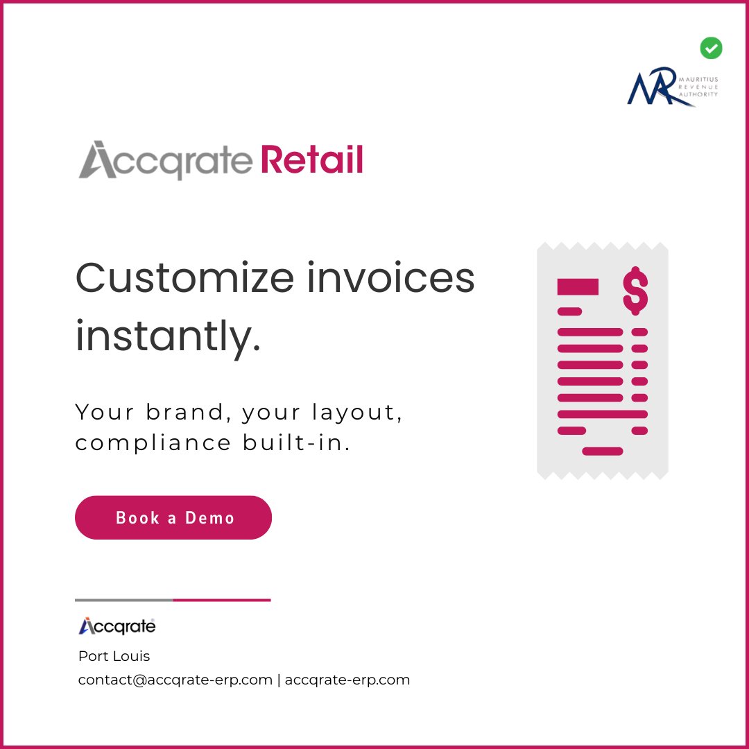 AccqrateM's tweet image. Branded &amp;amp; Compliant Invoices with Accqrate Retail
Customize invoices easily—built-in compliance and fully MRA ready.
#MRACompliance #MauritiusTech #InvoiceBranding #AccqrateRetail #Retail #POS #PointOfSale #Mauritius #MauritiusIsland