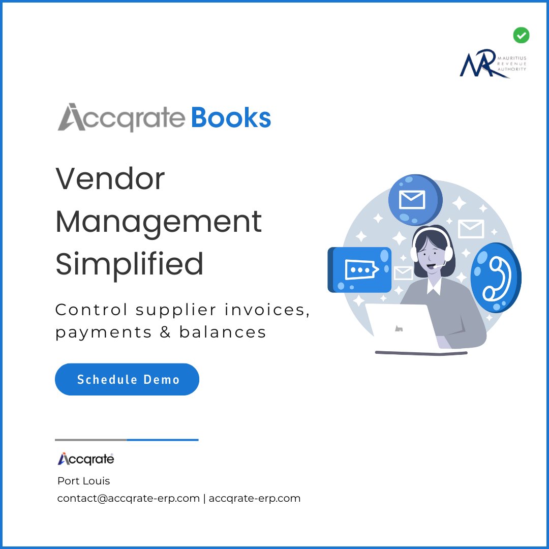 AccqrateM's tweet image. Seamless Vendor Management with Accqrate Books
Gain full control over supplier invoices &amp;amp; payments- MRA compliant and efficient.
#MRACompliance #MauritiusTech #VendorManagement #AccqrateBooks #TaxAutomation #MauritiusBusiness #MauritiusIsland #Mauritius