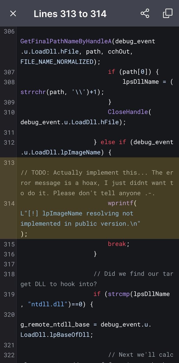isDineshHere's tweet image. Hey! You think  no one is checking your code?

But overall, simple and easy to understand technique. Not a windows programmer, but I could follow. I didn&apos;t know it was possible to straight up read/write to registers of a thread you spawn. Kind of demystified how debuggers work.