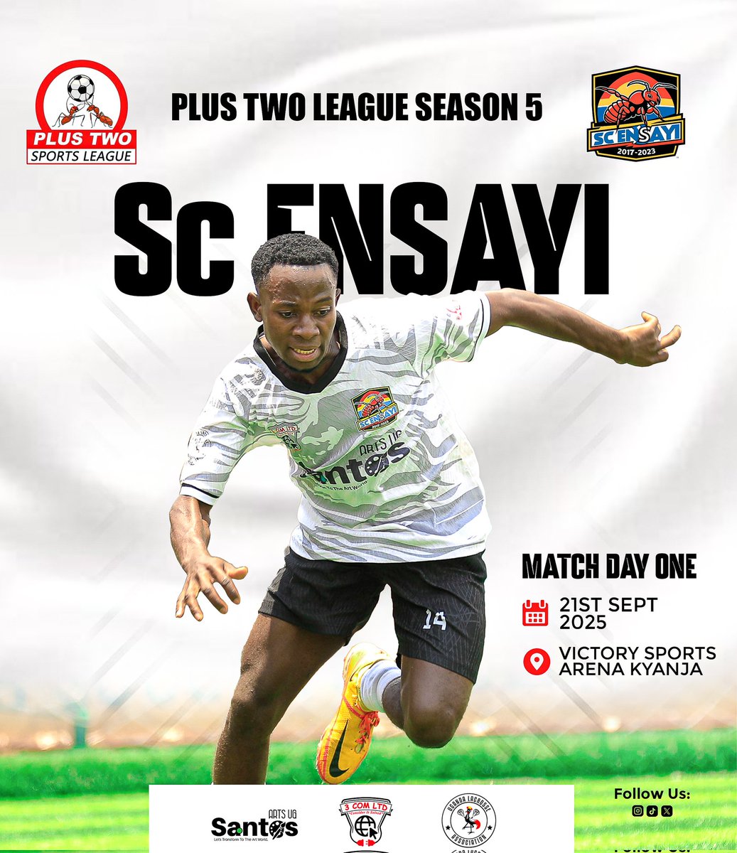 🚀 The wait is over! SC ENSAYI kicks off the Plus Two League Season 5 this Sunday! ⚽🔥
📍 Victory Sports Arena, Kyanja
🗓 21st Sept 2025
#SCENSAYI #PlusTwoLeague #Season5