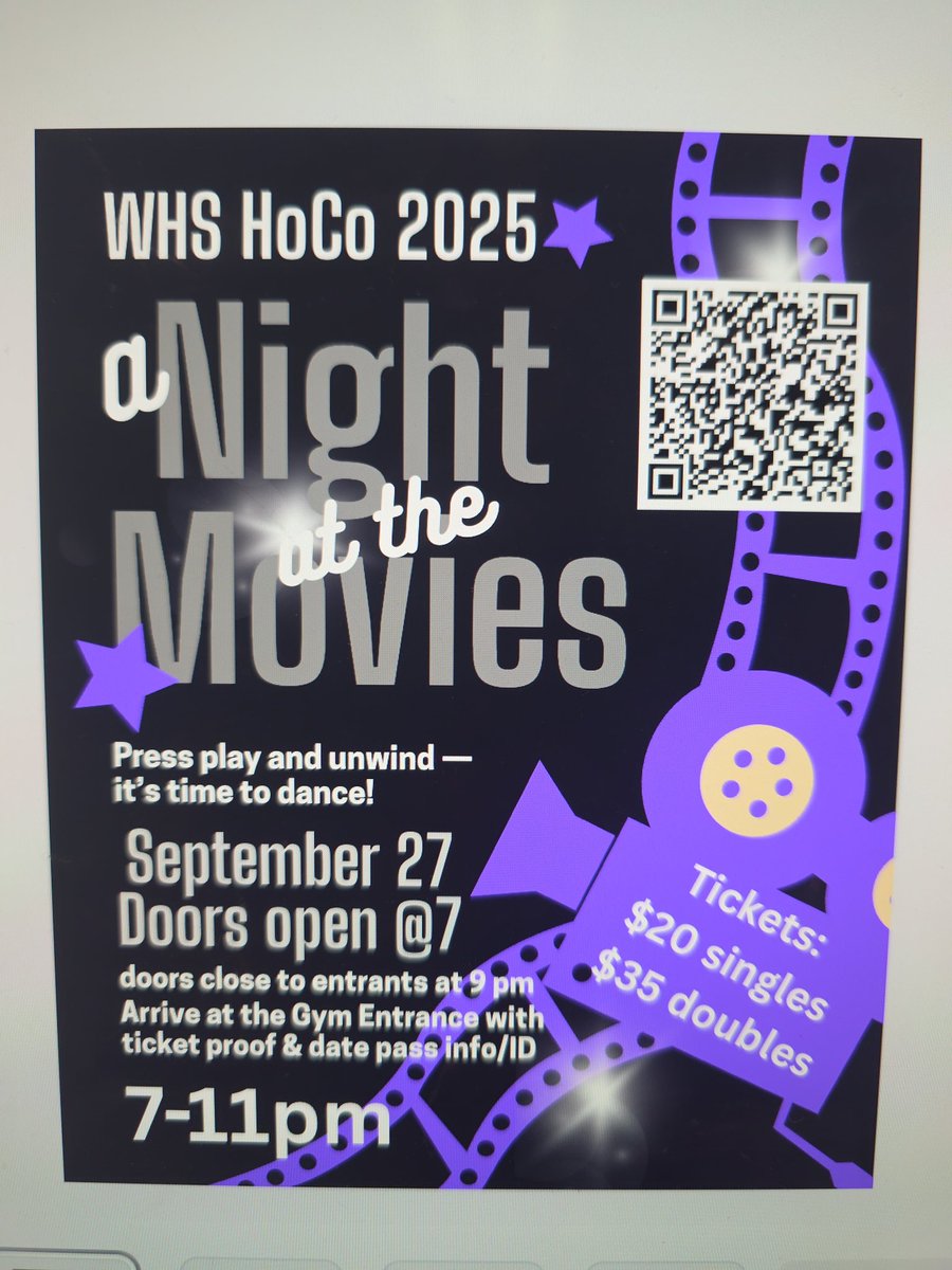 🎬🍿 WHS Homecoming 2025 is here! 🍿🎬
Theme: A Night at the Movies 🎟️

📅 Spirit Week: Sept 22–26
🕺 Dance: Sept 27 | 7–11pm
📍 Gym Entrance | $20 single | $35 double

✨ Walk the red carpet &amp; dance the night away!
#PantherNation #Homecoming2025 #BeVisibleDoingRight