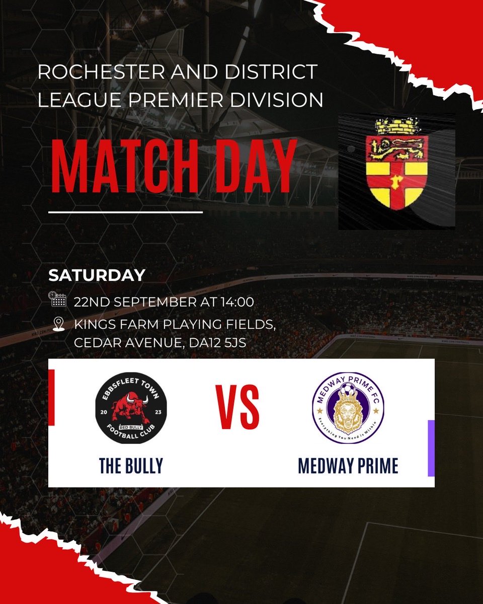 Ebbsfleet Town FC (@ebbsfleettownfc) on Twitter photo Back to league action for Bully this weekend against a tough opponent in Medway Prime. 
ποΈKings farm playing fields, Cedar Ave DA12 5JS 
β°14:00 
#UptheBully Back to league action for Bully this weekend against a tough opponent in Medway Prime. 
ποΈKings farm playing fields, Cedar Ave DA12 5JS 
β°14:00 
#UptheBully