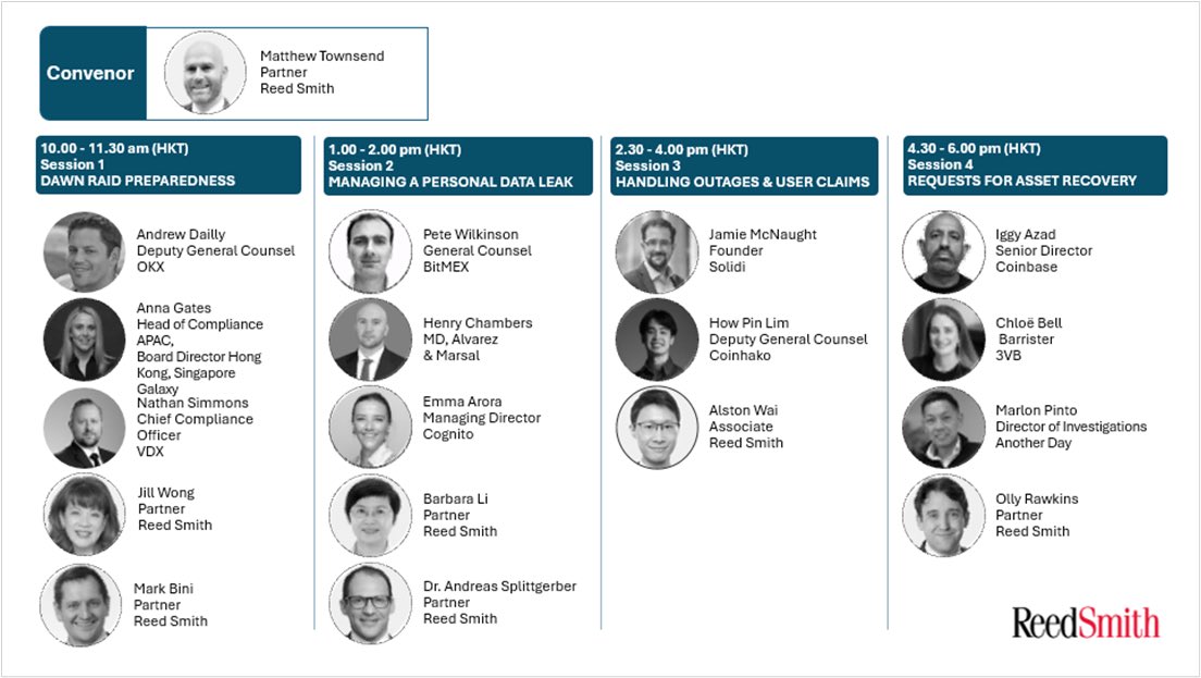 MattCTownsend's tweet photo. Earlier this week we hosted our 2025 Crypto Disputes Day 🚀 
 
Reed Smith LLP lawyers were joined by in-housers from 12 leading crypto exchanges as well as custodians, market makers and others.
 
We had deep dives into strategies to deal with:

⏰ dawn raids
📊 data leaks
💀 user liquidation claims
🔍 asset recovery requests 

Speakers included 7 Reed Smith lawyers from 5 jurisdictions, as well as in-house lawyers, barristers, and technical experts.  
 
See you next year!