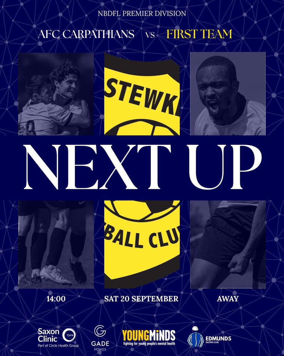 UP NEXT| 

It’s a trip across to MK16 tomorrow afternoon, as we aim to keep our unbeaten start in tact! 

🆚 <a href="/CarpathiansAFC/">AFC Carpathians</a> 
🏟️ Willen Rd MK16 0DE
⏰ 2pm kick off 
🏆 North Bucks Premier 

Up The Stewks 🟡⚫️