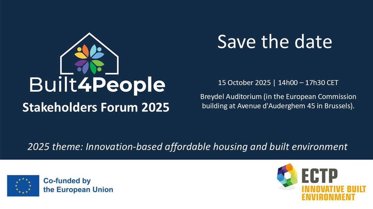 The Built4People #B4P Partnership Stakeholders Forum will take place on 15 October from 14:00 to 17:30 in Brussels.
This event will focus on innovation-driven #affordablehousing and the sustainable built environment.
Register here: ec.europa.eu/eusurvey/runne…