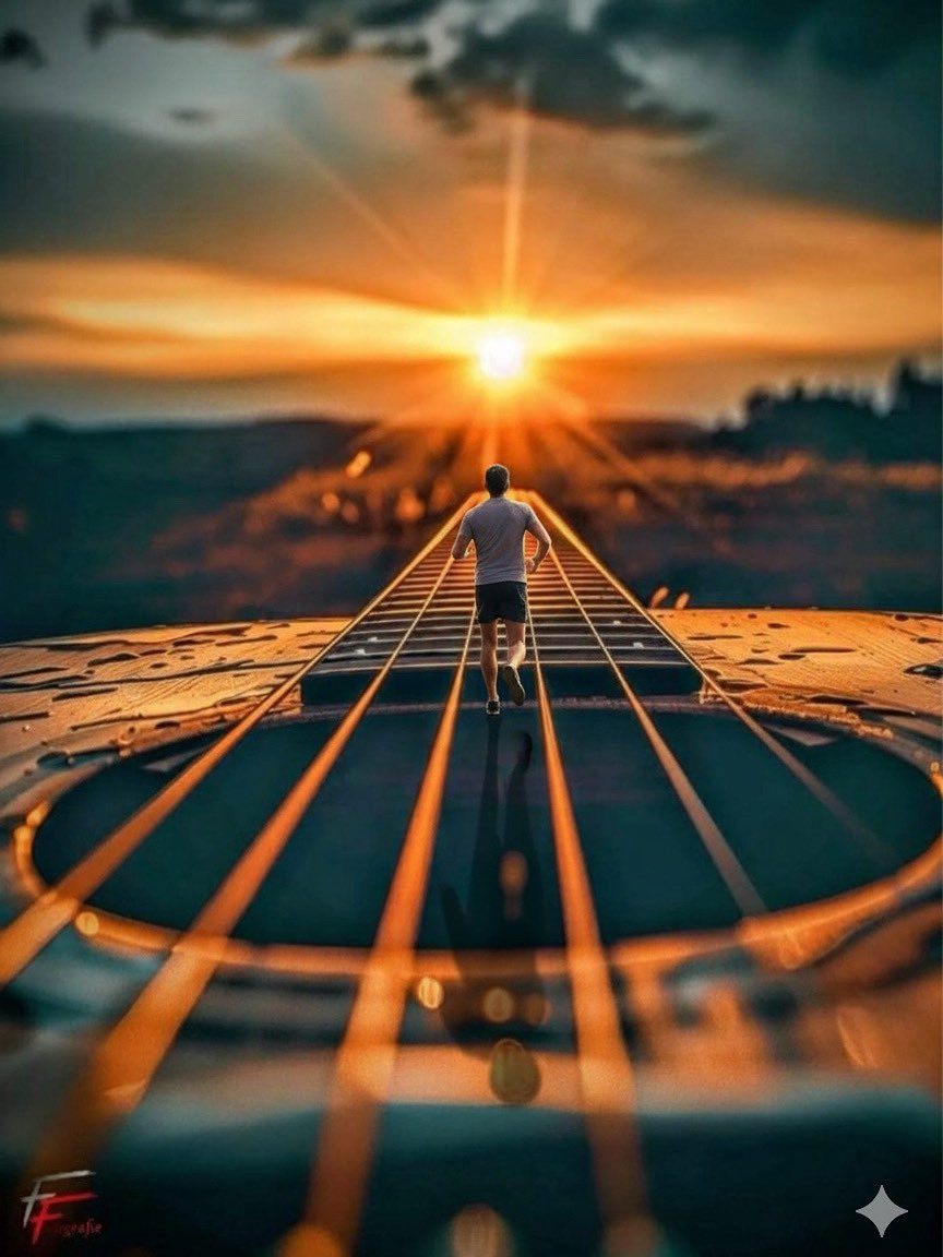 Art_Sweetyvig's tweet image. A man in running shorts and a t-shirt, seen from behind, running towards a vibrant sunset on the fretboard of an acoustic guitar. #aiprompt #freeprompt
#promptai #prompt #chatgpt #googleveo3
#geminiprompt #geminiai #LearnWithAl
#CreateWithAl #AIForEveryone
#deasToReality