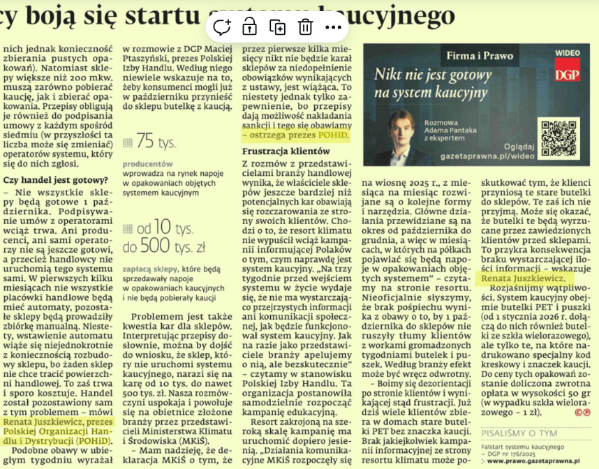 ♻️ Za niecałe 2 tygodnie startuje #SystemKaucyjny.
Co czeka klientów w sklepach? 🛍️ Jakie wyzwania widzi handel? 💬 Prezes POHiD, Renata Juszkiewicz (<a href="/ren_juszkiewicz/">Renata Juszkiewicz</a>), w komentarzu dla <a href="/DGPrawna/">Dziennik Gazeta Prawna</a> wskazuje kluczowe problemy.
➡️ Poniżej fragment artykułu zawierający wypowiedzi