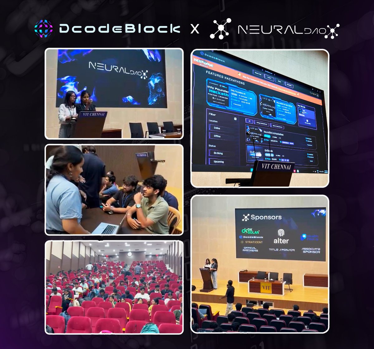 dcodeblock24's tweet image. 217 hackers. 50+ teams. One arena at VIT Chennai.
The builders showed up.
They coded all night.
They pitched, they fought, they shipped.
Now? The winners aren’t stopping at prizes.
They’re moving into Hack2Launch, deploying live on @educhain_xyz mainnet and launching through…