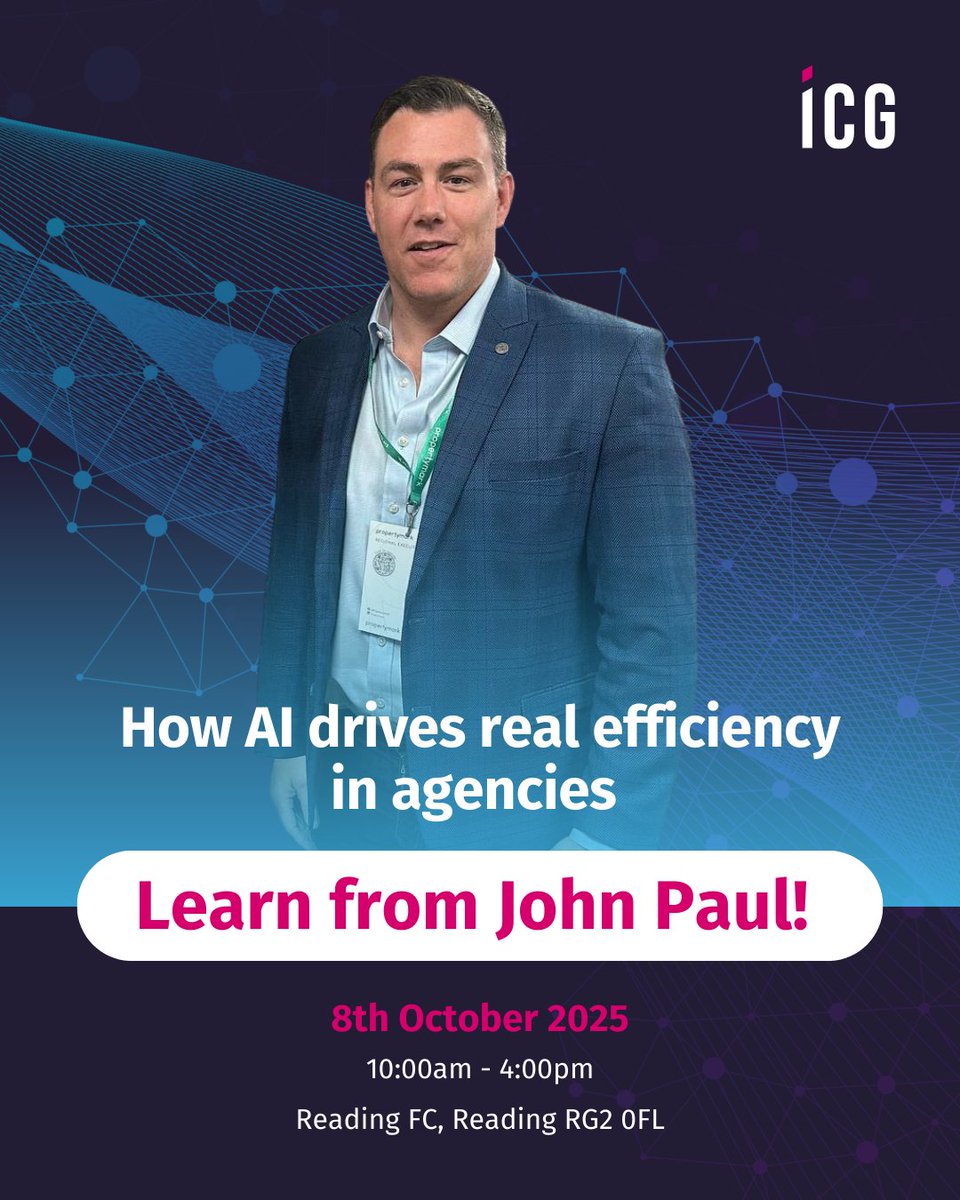 ✨Former multi-branch agency owner John Paul (Prospector Pro) reveals practical 🤖#AIforestateagents on Oct 8th at #ReadingFC.
⚡Real tools that save hours and boost performance. FREE: eventbrite.co.uk/e/ai-marketing…

#ICG #ICGEvent #Aievent #estateagents #lettingagents #octoberevent