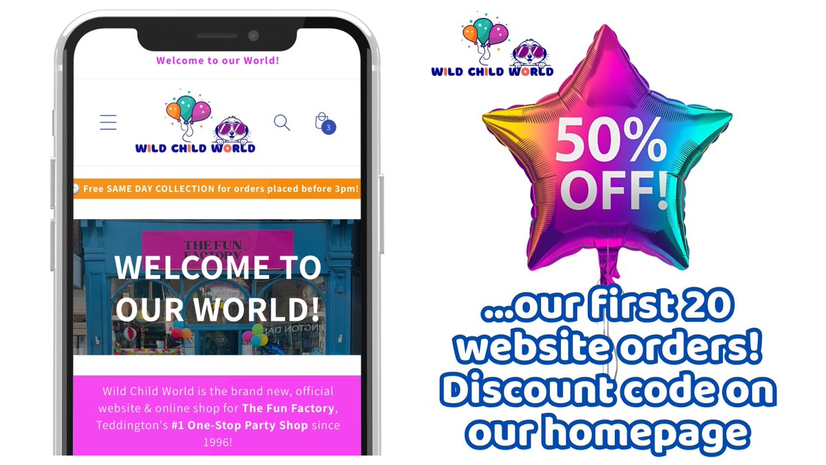 Wild Child World is the official new website &amp; online shop for The Fun Factory! You can order any balloons from our 2500+ range, with SAME day collection if ordered before 3pm, and FREE LOCAL DELIVERY for orders over £50! 50% off our first 20 website orders!