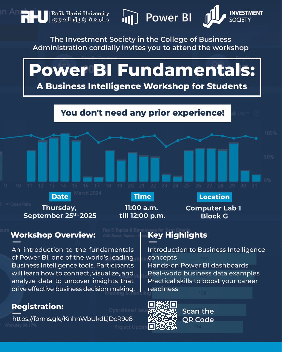 RHU_Lebanon's tweet image. Unlock the power of data with Power BI! Join RHU Investment Society’s Power BI Fundamentals workshop to learn:
Connect, visualize & analyze data
Build hands-on dashboards
Gain career-ready BI skills
Register: lnkd.in/dx6Un5A7
#RHU #BusinessIntelligence #DataDrivenlearning