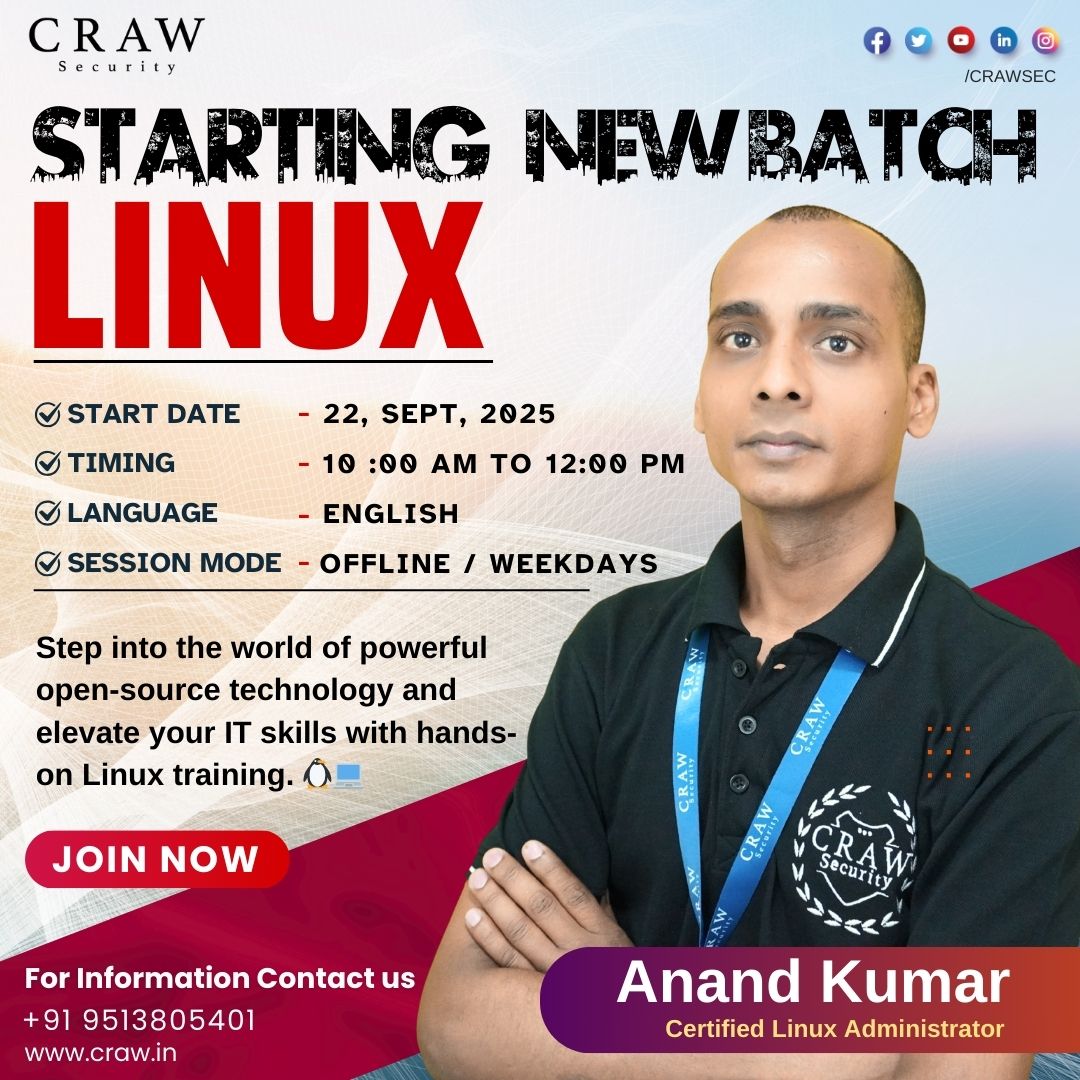crawsec's tweet image. ๐ New Linux Batch Alert!
Boost your IT career with hands-on Linux Training at Craw Security. ๐ป๐
๐
Starts: 22nd Sept 2025
๐ Time: 10 AM โ 12 PM
๐ Mode: Offline | Weekdays
๐ Learn More: craw.in/linux-essentiaโฆ
#LinuxTraining #CrawSecurity #RHCSA #RHCE #CyberSecurity