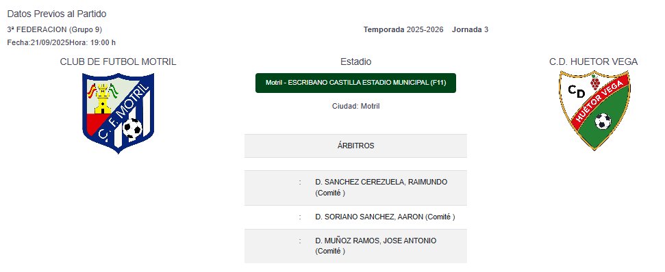 TerceraDivGr9 (@terceradivgr9) on Twitter photo ℹ️ Trío Arbitral del partido <a href="/CFMOTRIL/">C.F. MOTRIL</a> - <a href="/CD_HuetorVega/">CD Huétor Vega</a>.
🏆 #J3 #TerceraFederación
📆 Domingo 21/09
⏰ 19h
🏟️ #EscribanoCastilla, <a href="/aytomotril/">Ayuntamiento Motril</a>.
⚖️ Sánchez Cerezuela, Raimundo
🚩 <a href="/aaronsoriano997/">Aarón</a> 
🚩 <a href="/joselecore/">Jose Muñoz Ramos</a> 
🏢 Delegación de Almería ℹ️ Trío Arbitral del partido <a href="/CFMOTRIL/">C.F. MOTRIL</a> - <a href="/CD_HuetorVega/">CD Huétor Vega</a>.
🏆 #J3 #TerceraFederación
📆 Domingo 21/09
⏰ 19h
🏟️ #EscribanoCastilla, <a href="/aytomotril/">Ayuntamiento Motril</a>.
⚖️ Sánchez Cerezuela, Raimundo
🚩 <a href="/aaronsoriano997/">Aarón</a> 
🚩 <a href="/joselecore/">Jose Muñoz Ramos</a> 
🏢 Delegación de Almería
