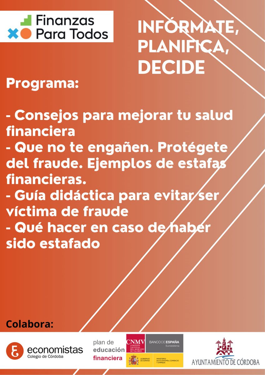 📢 El jueves 9 de octubre a las 10:00h en la Fundación Miguel Castillejo,
Cristina García (Banco de España) y Baltasar Brotóns (Colegio de Economistas) ofrecerán una conferencia para mayores sobre planificación financiera y prevención de fraudes.

#EducaciónFinanciera #Córdoba