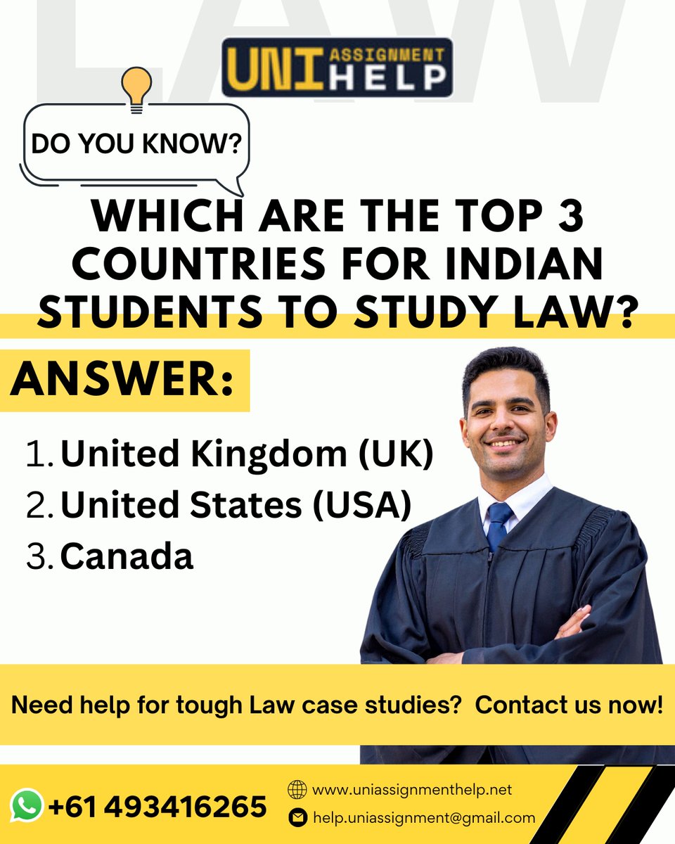 assignmentuni01's tweet image. Thinking of pursuing Law abroad? ⚖️ Here are the Top 3 Countries for Indian students to study Law! 🌏📚
Would you go for the UK, USA, or Canada?

#LawStudents #StudyLawAbroad #IndianStudents #LawCaseStudies #AssignmentHelp #StudyInUK #StudyInUSA #StudyInCanada