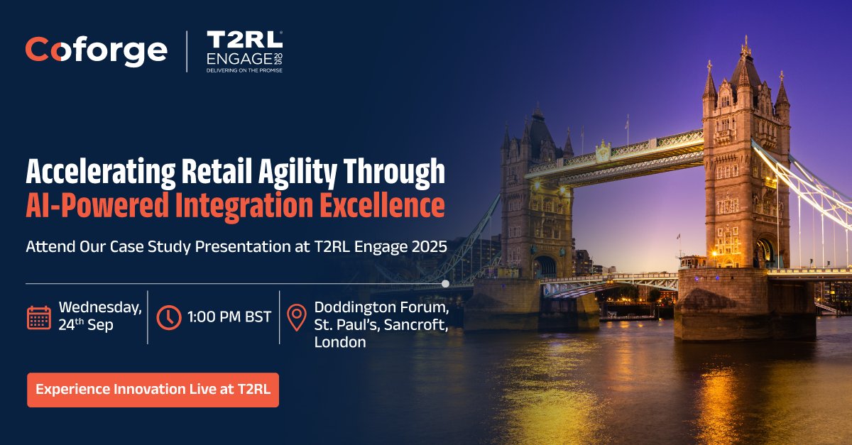 Coforge_Tech's tweet image. Don’t miss our case study at @T2RL Engage 2025!

See how AI-powered Offer–Order transformation is reimagining Modern Airline Retailing for speed, scale &amp;amp; impact - bit.ly/4nmE9RG