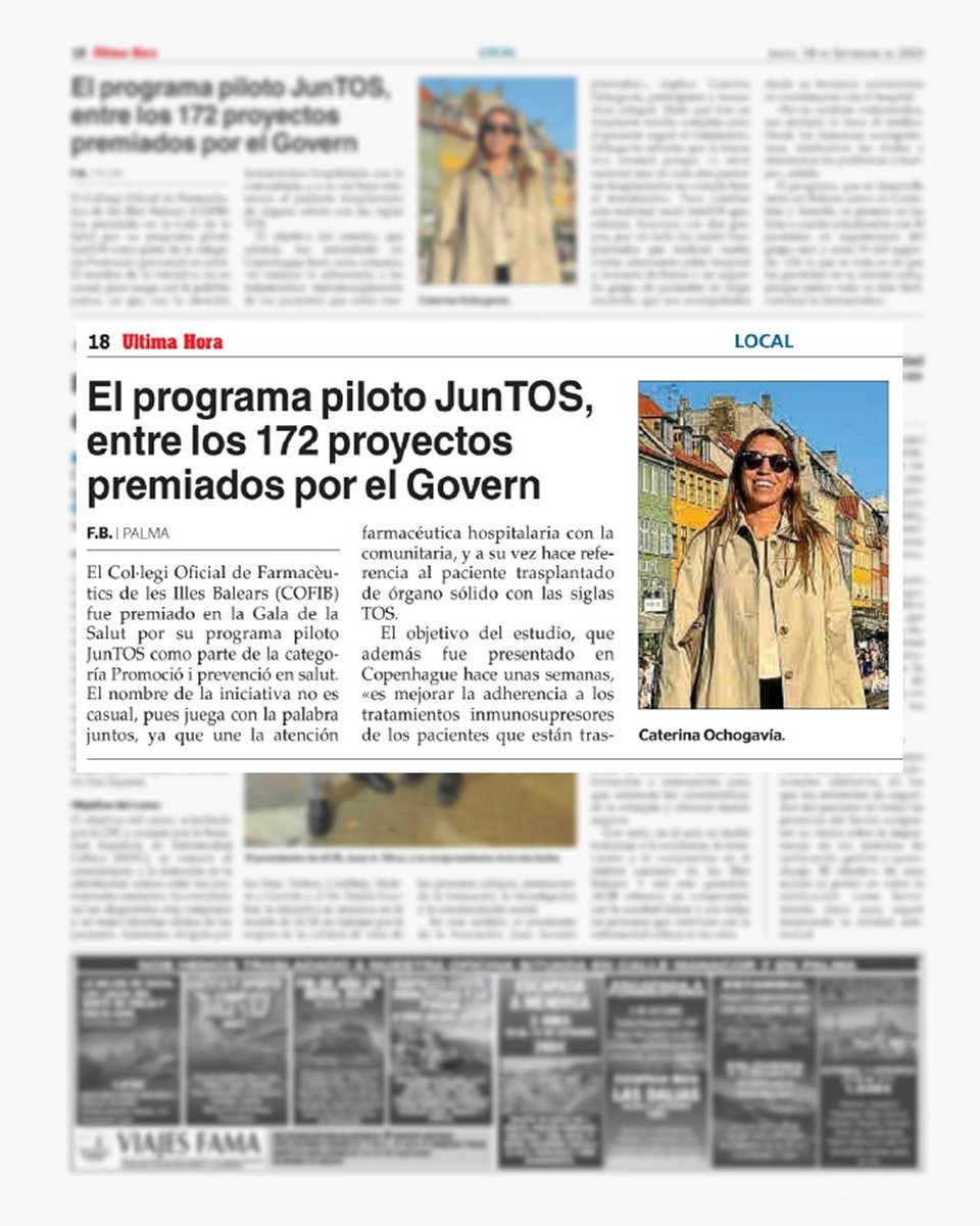 Farmacèutics Illes Balears -COFIB- (@cofbalears) on Twitter photo El programa pilot JunTOS del #COFIB, premiat a la Gala de la Salut!
Tal com explica <a href="/UHmallorca/">Ultima Hora Mallorca</a>, l’objectiu és millorar l’adherència als tractaments immunosupressors dels pacients trasplantats, unint farmàcia hospitalària i comunitària.
🤝 Junts tot és més fàcil
#JunTOS #Salut El programa pilot JunTOS del #COFIB, premiat a la Gala de la Salut!
Tal com explica <a href="/UHmallorca/">Ultima Hora Mallorca</a>, l’objectiu és millorar l’adherència als tractaments immunosupressors dels pacients trasplantats, unint farmàcia hospitalària i comunitària.
🤝 Junts tot és més fàcil
#JunTOS #Salut