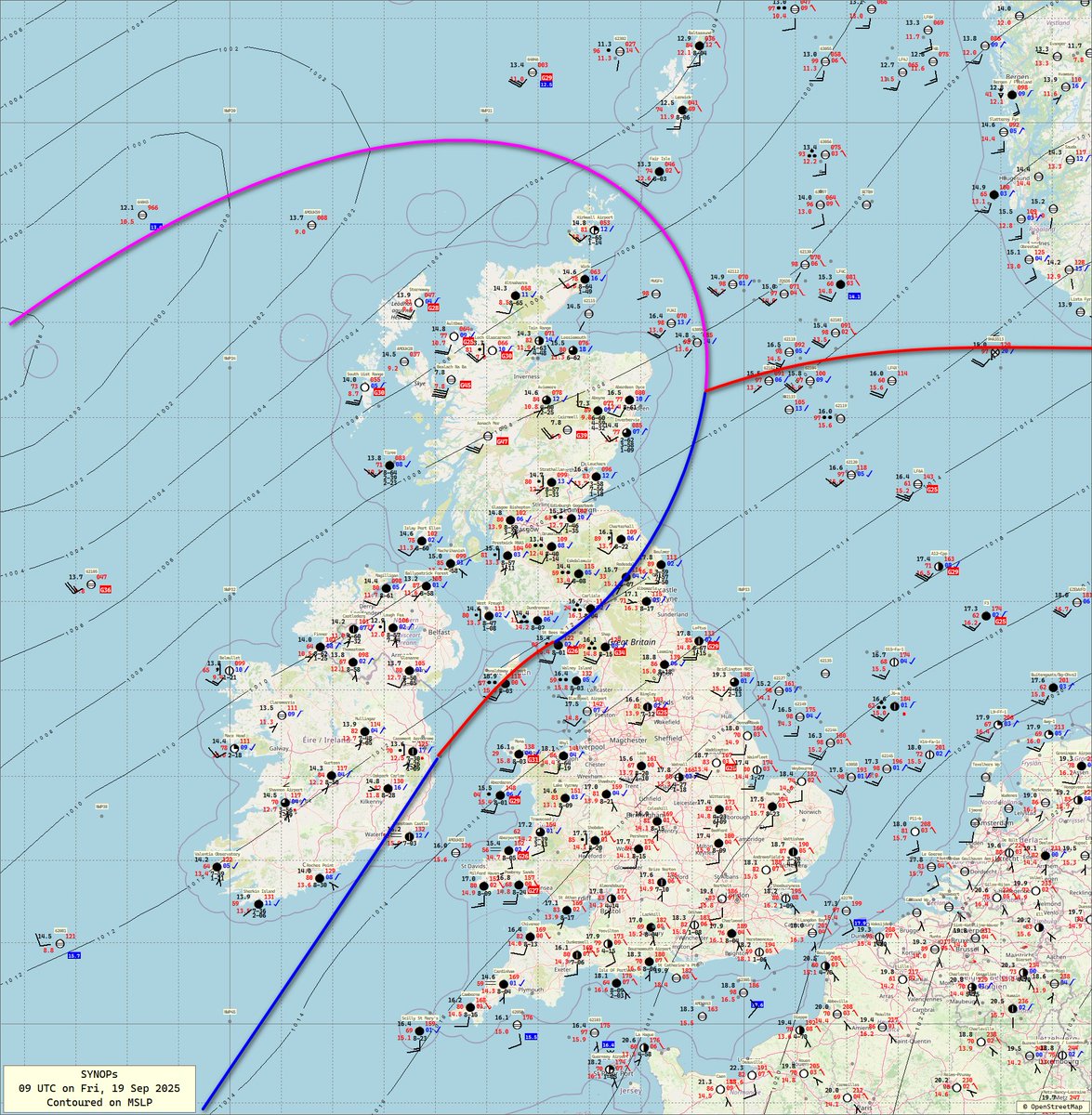 19 Sep 2025
09 UTC
Surface analysis
The cold front grinds to a halt across Irish Sea.
#ukweather 
<a href="/bbcweather/">BBC Weather</a> <a href="/metoffice/">Met Office</a>