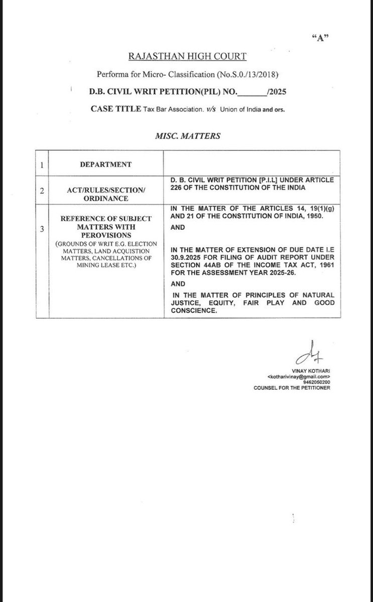 imcaraj's tweet image. 🔥🔴Breaking News🔴🔥
Bhilwara Tax Bar Association Filed a Writ petition in Rajasthan High Court for Tax Audit Due Data Extension 2025.
@IncomeTaxIndia @nsitharamanoffc
#extendduedateimmediately
#extension_हक़_है_भीख_नहीं
#ExtendTAXAUDITDUEDATE
#Extend_TAR_DueDate