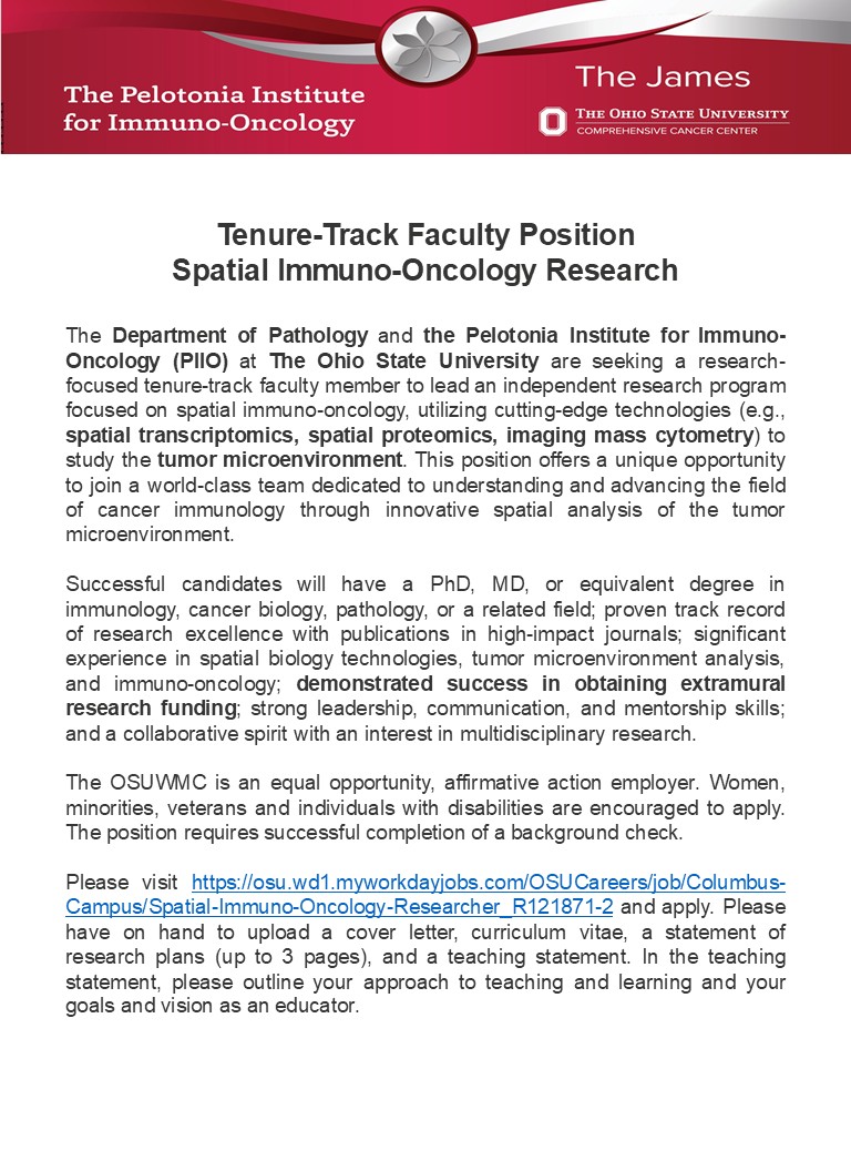 OhioStatePIIO's tweet image. 🚨 Exciting Opportunity! 🚨
@OhioStatePIIO + @OSUWexMed Pathology are recruiting a Tenure-Track Faculty in Spatial Immuno-Oncology Research 🧬🔬

Lead cutting-edge work in #SpatialTranscriptomics, #SpatialProteomics &amp;amp; #ImmunoOncology to decode the #TumorMicroenvironment.…
