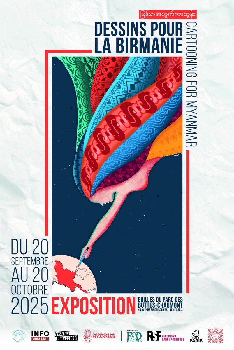 InfoBirmanie's tweet photo. 📅 EXPOSITION du 20 sept au 20 oct

Cartooning for Myanmar met en avant le travail de 7 dessinateurs birmans avec Info Birmanie, Cartooning for Peace &amp; @VisualRebellion avec le soutien de @Paris @fondemos @RSF_fr au parc des Buttes-Chaumont | 45 Av Simon Bolivar
#AvecToiMyanmar https://t.co/GXamq7DGnT