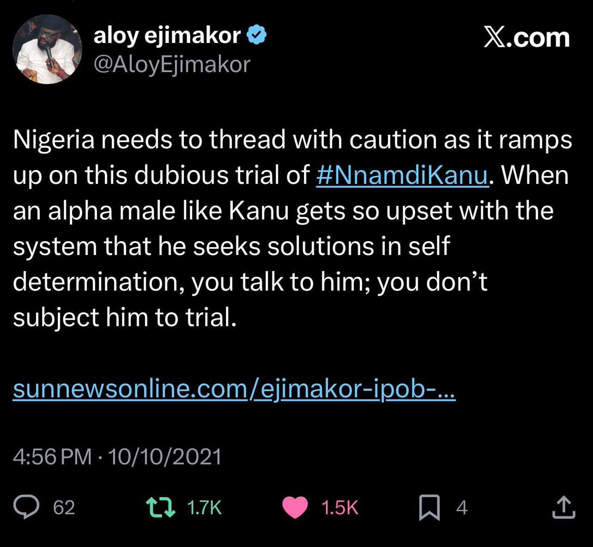 AloyEjimakor's tweet image. This viral X post I made FOUR years ago (on 10th October 2021) is prophetic as we count down to the 10th October 2025 #JudgmentDay in Mazi Nnamdi Kanu’s case.