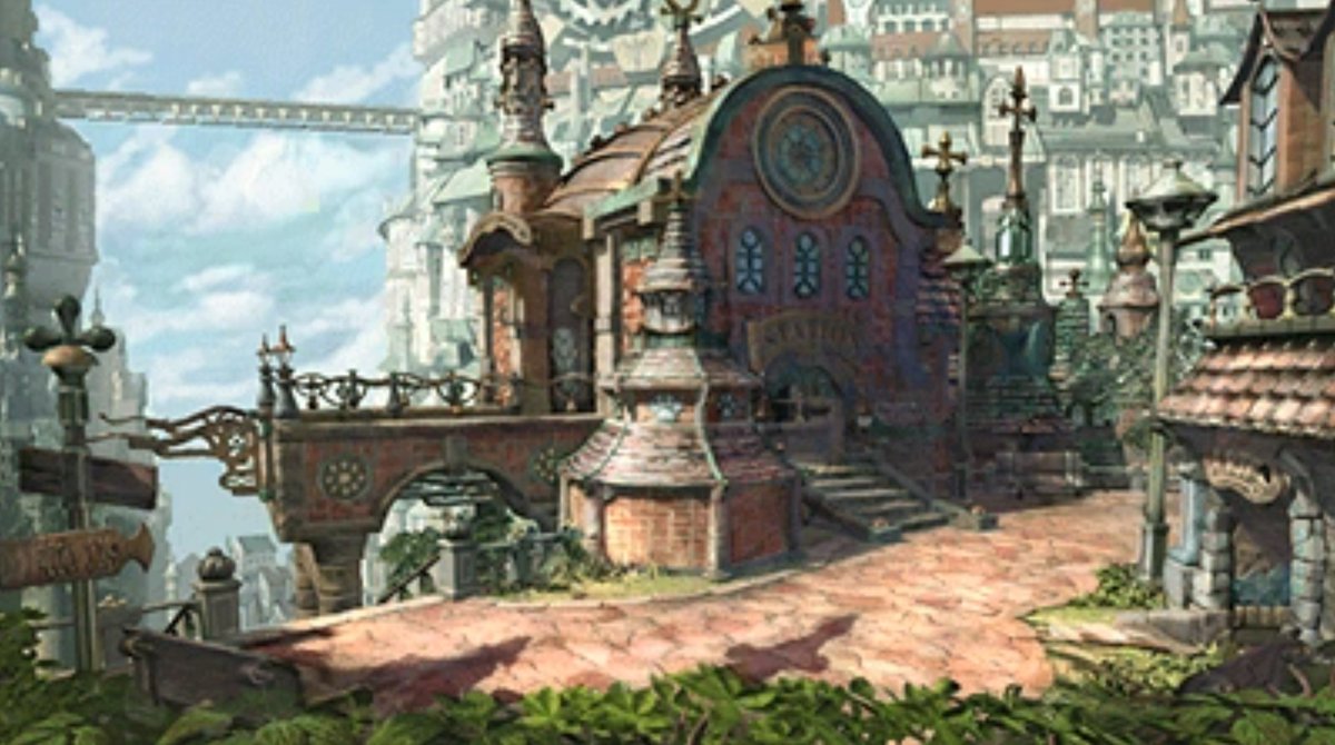 Lindblum's Air Cab Station in the Theater District, from sketch to pre-rendered background in Final Fantasy IX (2000)