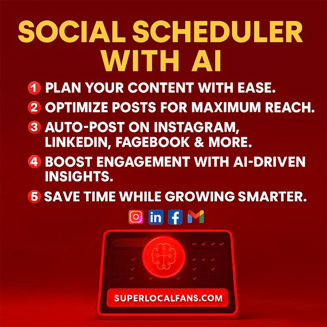 SuperLocalFans's tweet image. Plan content with ease ✅ Optimize posts for reach 📈 Auto-post across platforms ⏰ Boost engagement with AI insights 🤖 Save time while growing smarter 🚀 Start scheduling smarter today 

👉 superlocalfans.com

 #SuperLocalFans #SocialScheduler #AIDrivenMarketing