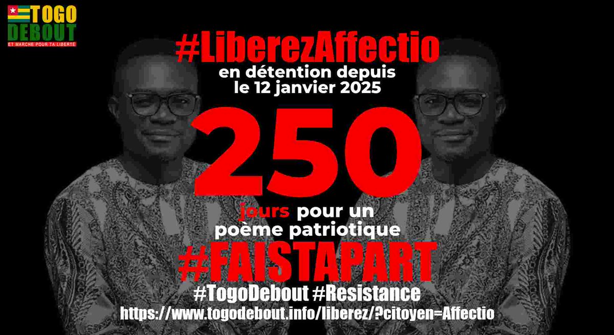 Libérez Affectio / Free Affectio

Affectio est arbitrairement detenu depuis 250 jours

togodebout.info/liberez/?citoy…

#LiberezLesPrisonniersPolitiques
#LiberezAffectio #FreeAffectio
#FreeTogo
#TogoDebout
#FaureMustGo
