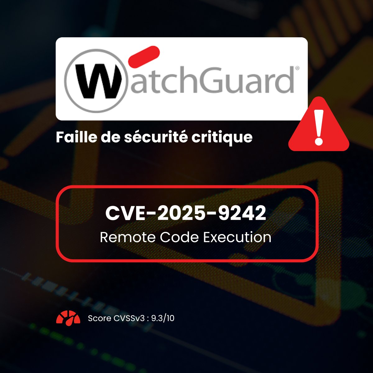 ITConnect_fr's tweet image. 🛑 Patch de sécurité WatchGuard

👉 CVE-2025-9272 : cette faille critique affecte les firewalls WatchGuard Firebox.
⚡ Le risque : exécution de code à distance sans authentification.

🧷 + d'infos : it-connect.fr/watchguard-fai…

#WatchGuard #Firewall #infosec #cybersecurity