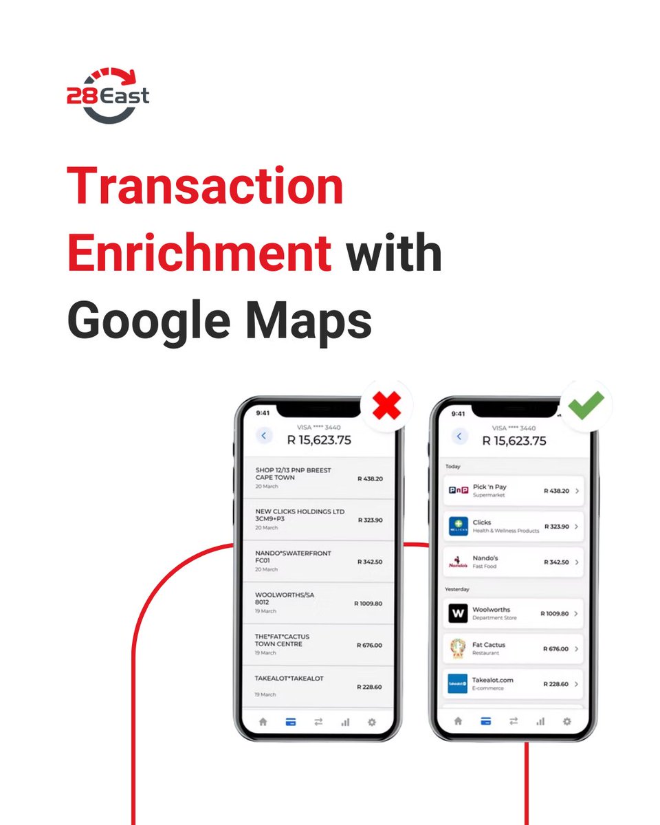 28East has partnered with Snowdrop Solutions to introduce transaction enrichment technology to South African banks. 😎

Get in touch to find out how this solution can transform your transaction data: 28east.co.za

#GoogleMapsPlatform